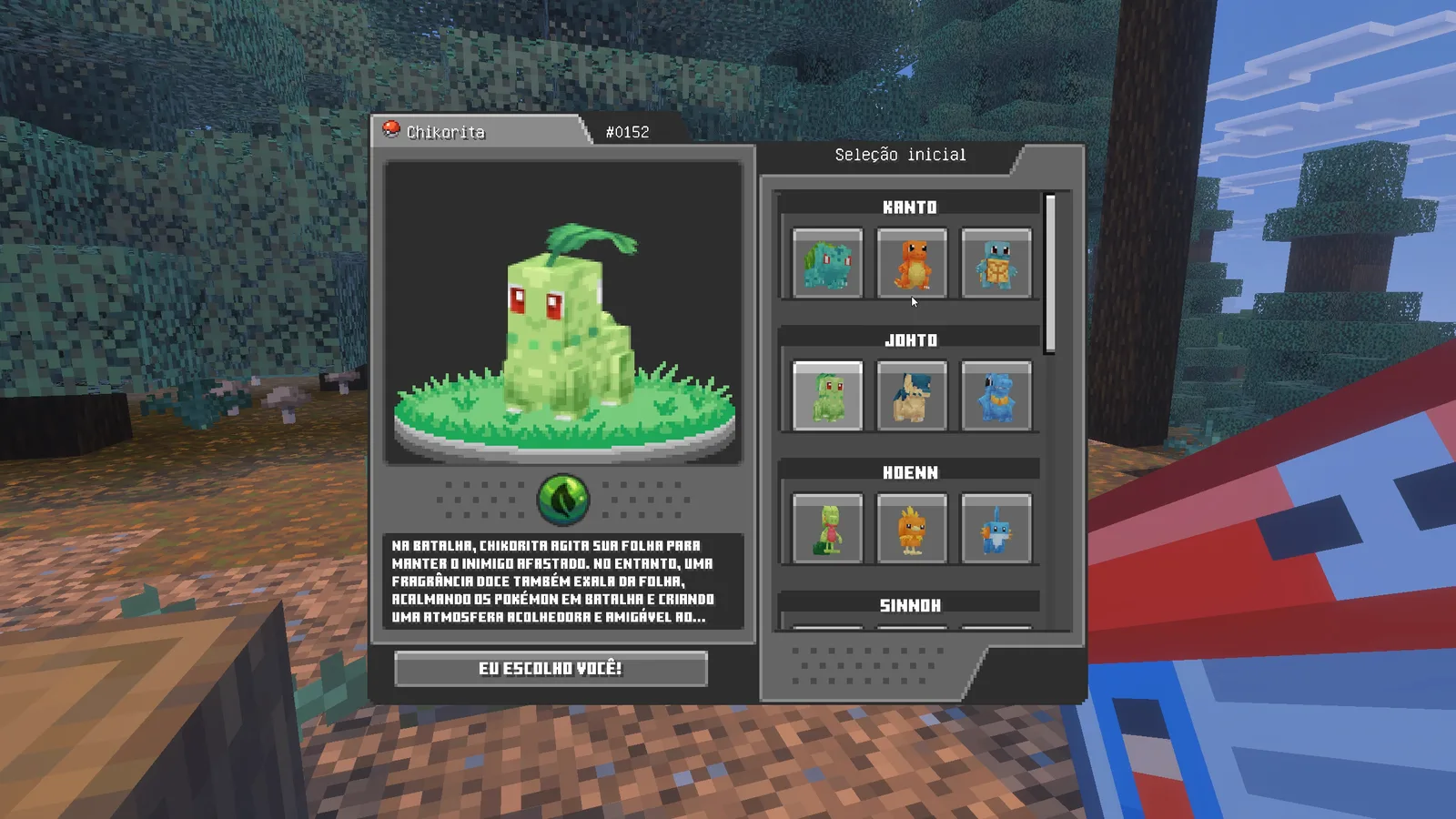 Tela de escolha do inicial com a Chikorita em destaque e as regiões Kanto, Johto, Hoenn e Sinnoh