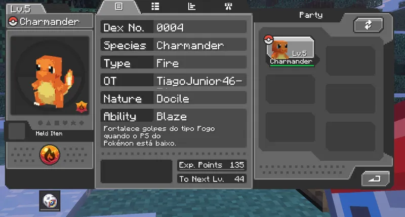 Sumário do Charmander com número da Dex, tipo, natureza e habilidade